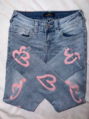 True Religion Girls Pink Heart Print Light Wash Halle mid-rise Skinny Jeans